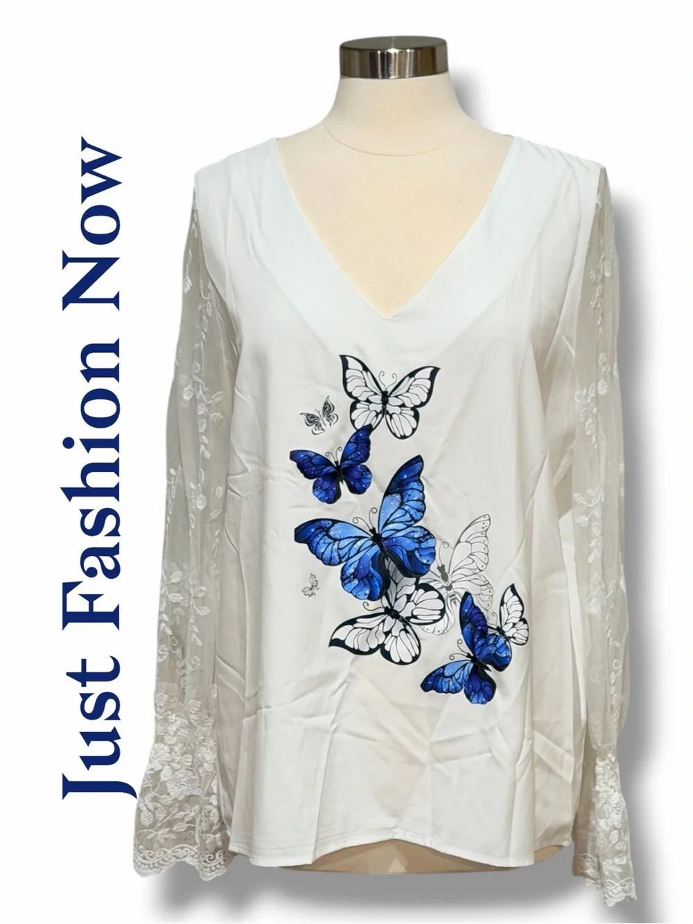 Just Fashion Now Women's White V-Neck Butterfly Print Top with Lace Sleeves L